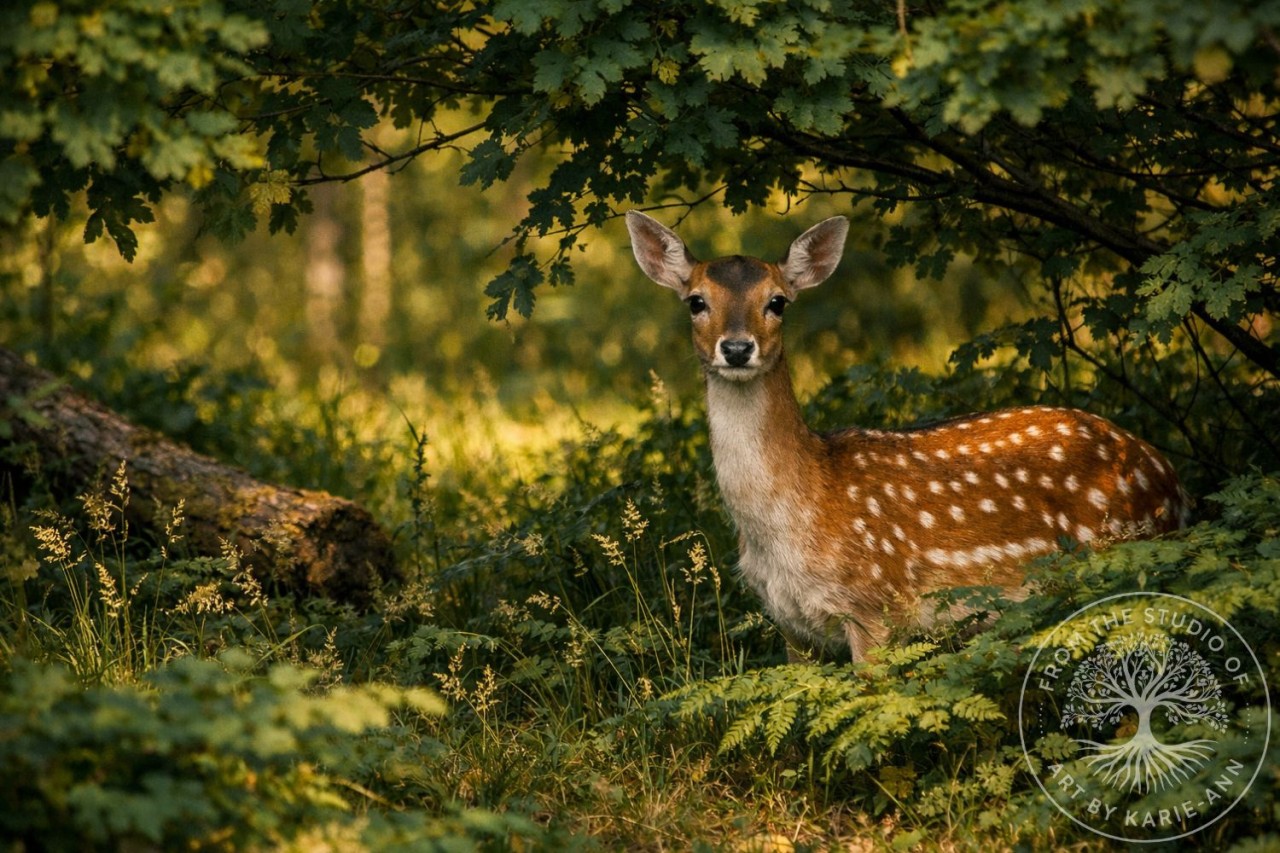 Fallow doe standing alert in a Forest of Dean clearing, symbolising a Woodland Realm guardian watching over threatened British woodlands.